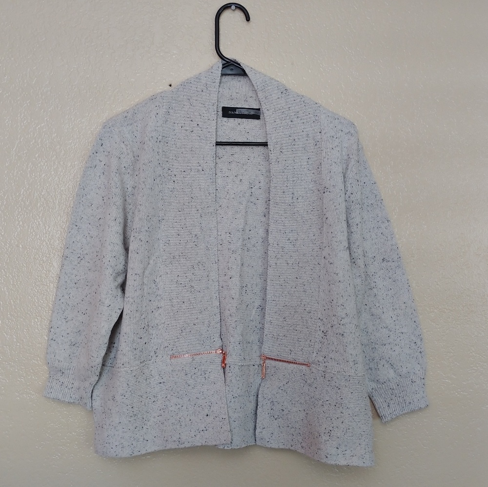 Ivanka Trump Speckled Cream Open-Front Cardigan with Copper Zippers